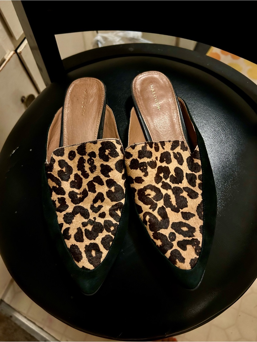 Halogen Leopard-Print Pointed Mules in Tan and Black
